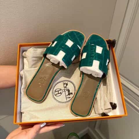 Hermes爱马仕crocodile师傅级一对一手工制作进口亮面鳄鱼皮H 经典平拖