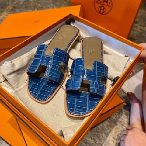 Hermes爱马仕crocodile师傅级一对一手工制作进口亮面鳄鱼皮H 经典平拖
