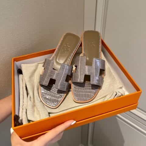 Hermes爱马仕crocodile师傅级一对一手工制作进口亮面鳄鱼皮H 经典平拖