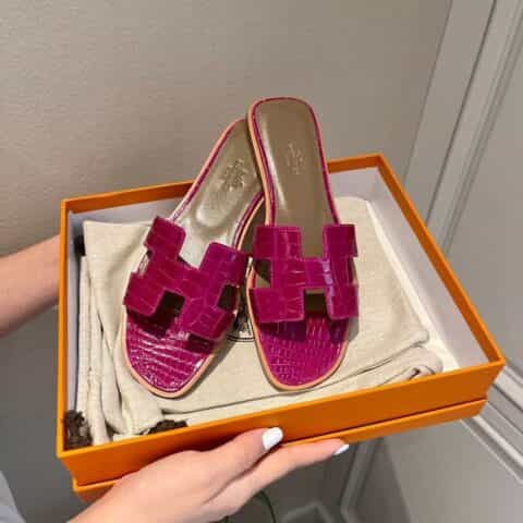 Hermes爱马仕crocodile师傅级一对一手工制作进口亮面鳄鱼皮H 经典平拖