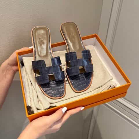Hermes爱马仕crocodile师傅级一对一手工制作进口亮面鳄鱼皮H 经典平拖