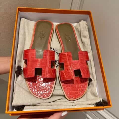 Hermes爱马仕crocodile师傅级一对一手工制作进口亮面鳄鱼皮H 经典平拖