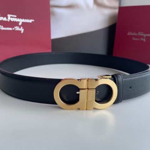 Salvatore  Ferragamo菲拉格慕男士3.5cm精致专柜版型双圈马蹄金属扣头层牛皮腰带
