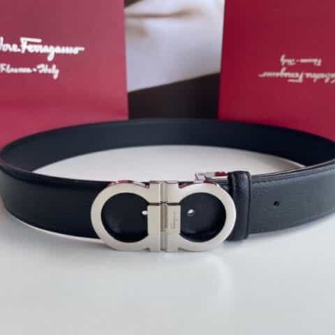 Salvatore  Ferragamo菲拉格慕男士3.5cm精致专柜版型双圈马蹄金属扣头层牛皮腰带