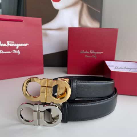 Salvatore  Ferragamo菲拉格慕男士3.5cm精致专柜版型双圈马蹄金属扣头层牛皮腰带