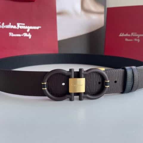 Salvatore  Ferragamo菲拉格慕男士3.5cm精致双圈马蹄专柜版型金属扣进口头层牛皮压纹腰带