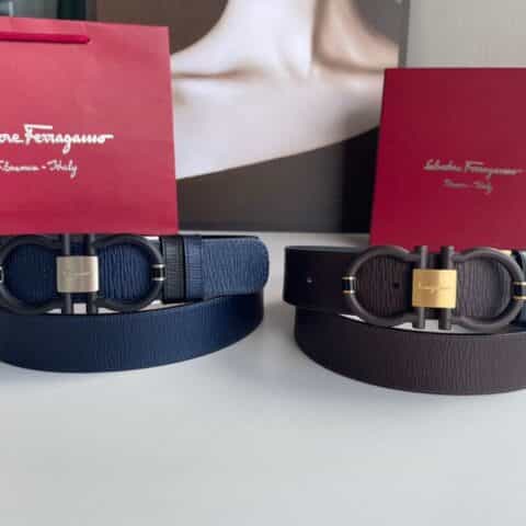 Salvatore  Ferragamo菲拉格慕男士3.5cm精致双圈马蹄专柜版型金属扣进口头层牛皮压纹腰带