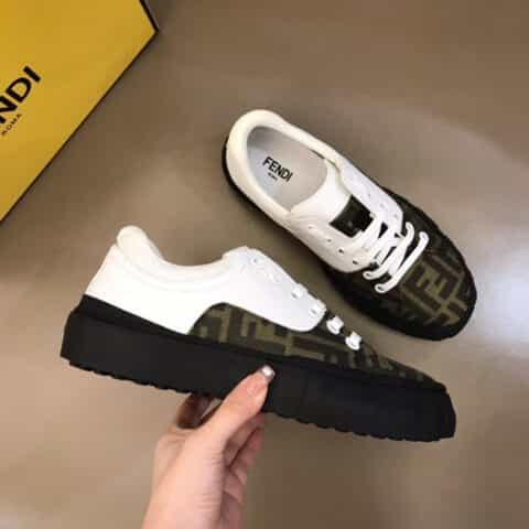 FENDI芬迪   白色/黑色皮革以及棕色和烟叶黄FF提花布料系带运动鞋