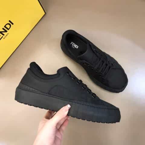FENDI芬迪   白色/黑色皮革以及棕色和烟叶黄FF提花布料系带运动鞋