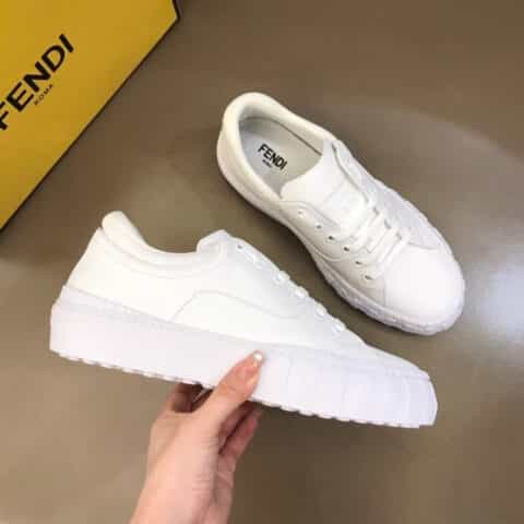 FENDI芬迪   白色/黑色皮革以及棕色和烟叶黄FF提花布料系带运动鞋