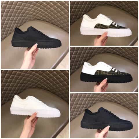 FENDI芬迪   白色/黑色皮革以及棕色和烟叶黄FF提花布料系带运动鞋