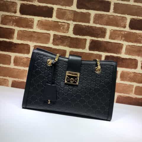 GUCCI古驰双G压印黑色皮革中号肩背包479197
