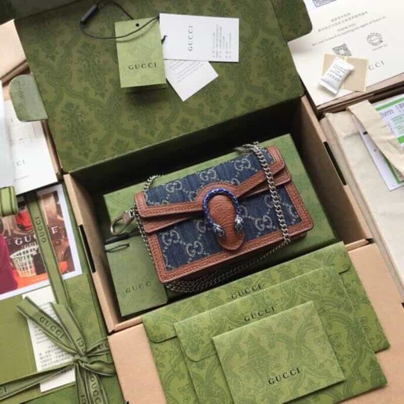 Gucci 环保水洗丹宁面料链式迷你手袋/钱包 476432蓝丹宁/棕皮