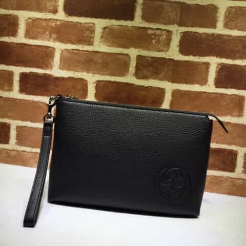 GUCCI古驰互扣式双G浮雕图灰色皮革手拿包322054