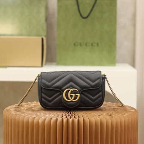 Gucci古奇Marmont绗缝super mini斜挎链条包‎476433黑色