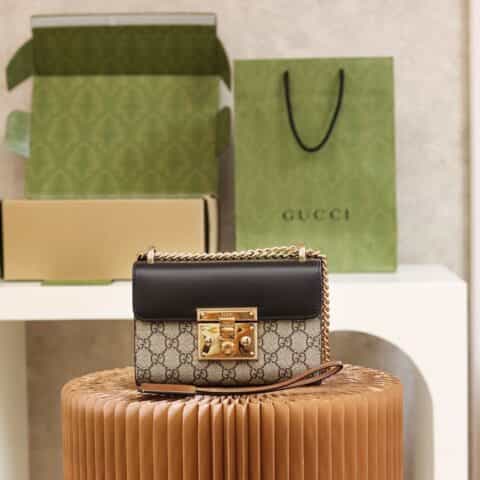 Gucci/古驰Padlock盒子包金属锁头方包拼皮GG单肩斜挎包409487