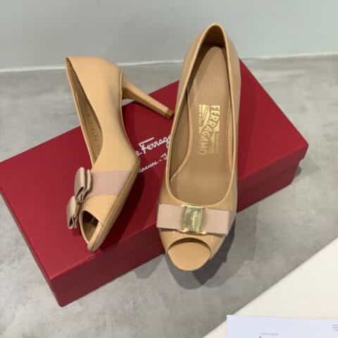 SF salvatore Ferraga*o  菲拉*慕专柜蝴蝶结鱼嘴露趾高跟单鞋