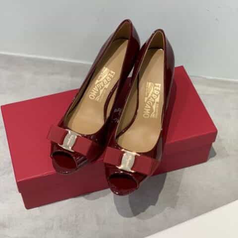 SF salvatore Ferraga*o  菲拉*慕专柜蝴蝶结鱼嘴露趾高跟单鞋