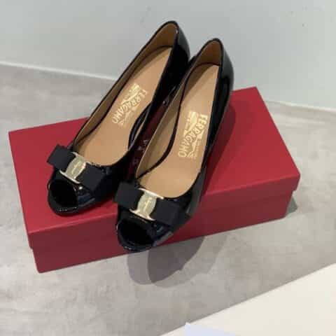 SF salvatore Ferraga*o  菲拉*慕专柜蝴蝶结鱼嘴露趾高跟单鞋