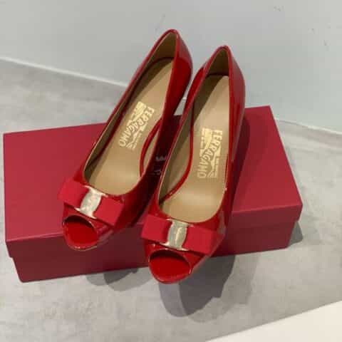 SF salvatore Ferraga*o  菲拉*慕专柜蝴蝶结鱼嘴露趾高跟单鞋