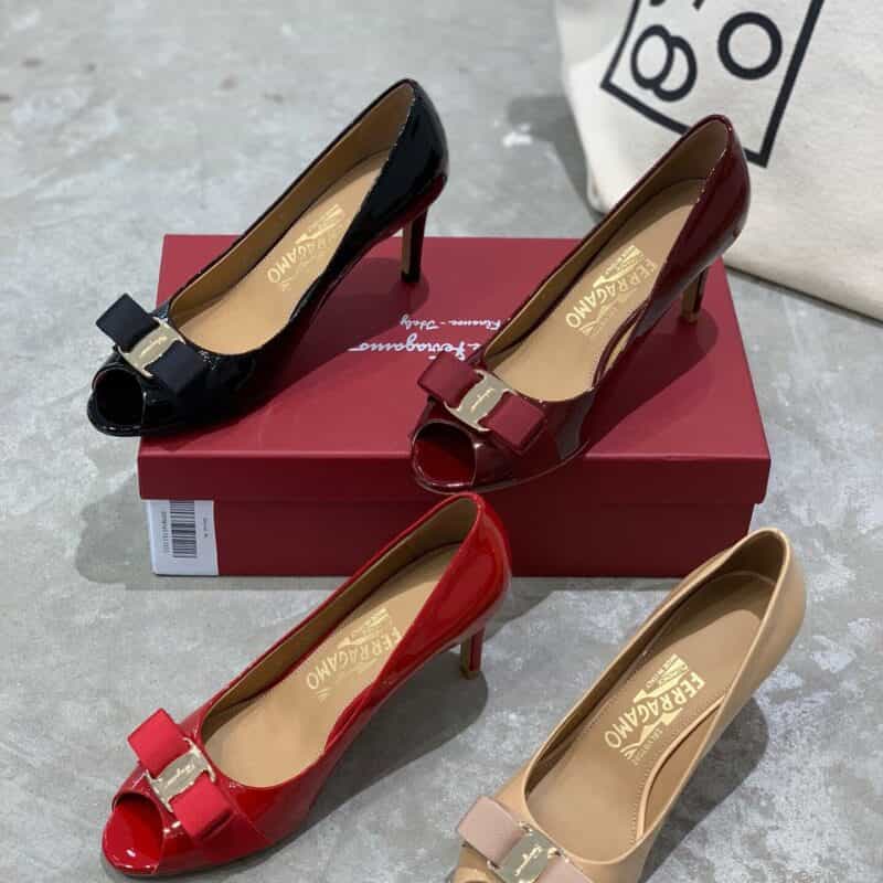 SF salvatore Ferraga*o  菲拉*慕专柜蝴蝶结鱼嘴露趾高跟单鞋