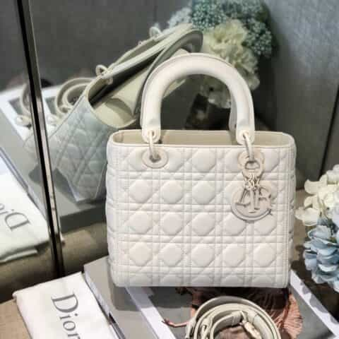 Dior Lady Matte哑光磨砂款五格戴妃包 白色