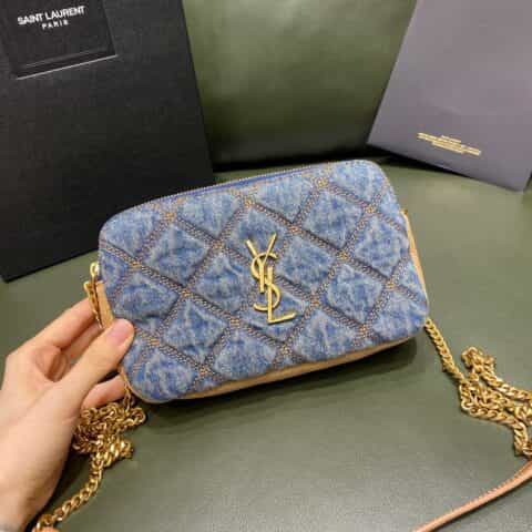 Saint laurent Ysl Becky菱形绗缝双拉链牛仔布拼麂皮手拿包608941
