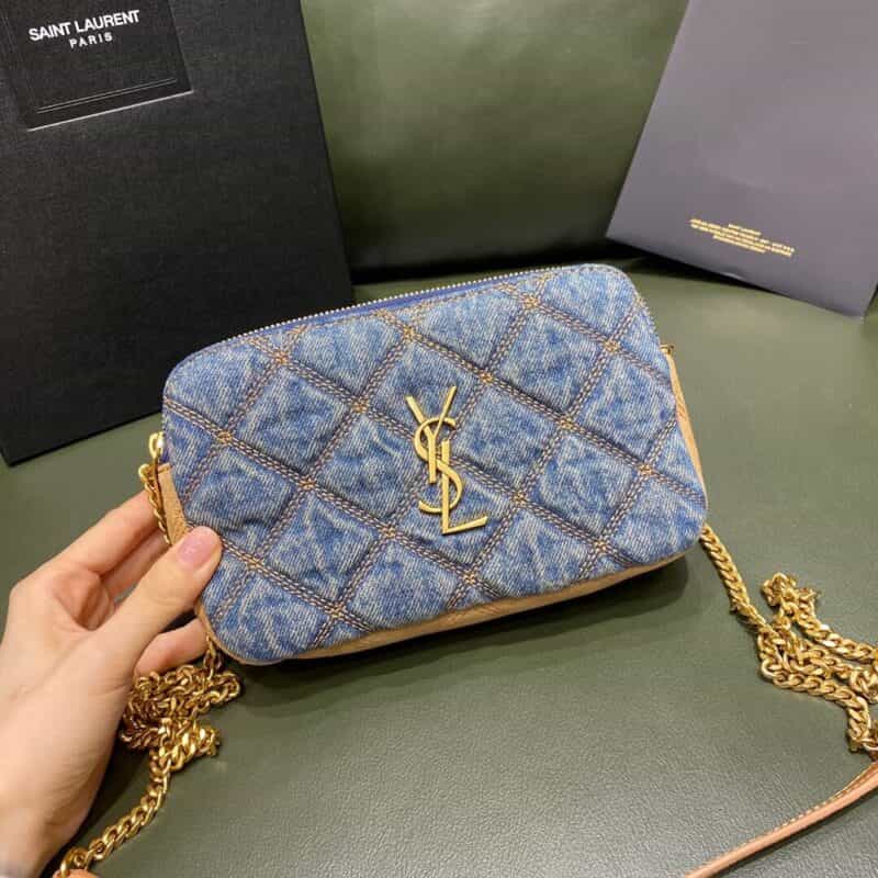 Saint laurent Ysl Becky菱形绗缝双拉链牛仔布拼麂皮手拿包608941