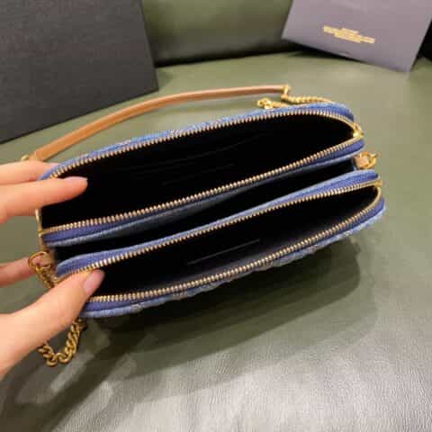 Saint laurent Ysl Becky菱形绗缝双拉链牛仔布拼麂皮手拿包608941