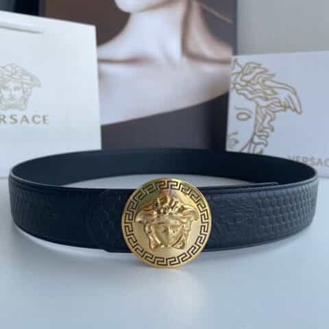 VERSACE范思哲   标识美杜莎头像金属扣压印花纹牛皮腰带