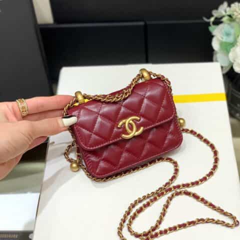 Chanel 2021早秋高级手工坊双金珠系列小方包 AP2290酒红