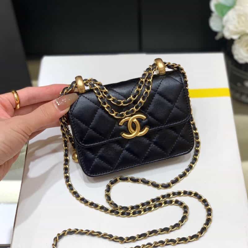 Chanel 2021早秋高级手工坊双金珠系列小方包 AP2290黑色