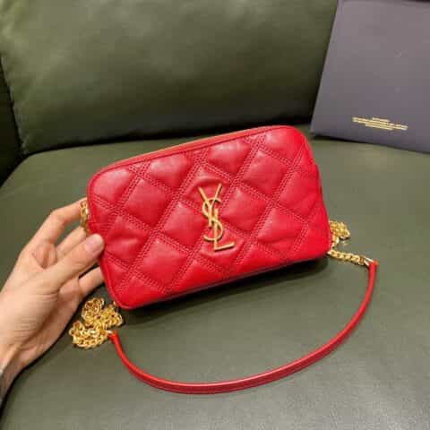 Saint laurent Ysl Becky菱形绗缝双拉链手拿包 608941红色羊皮
