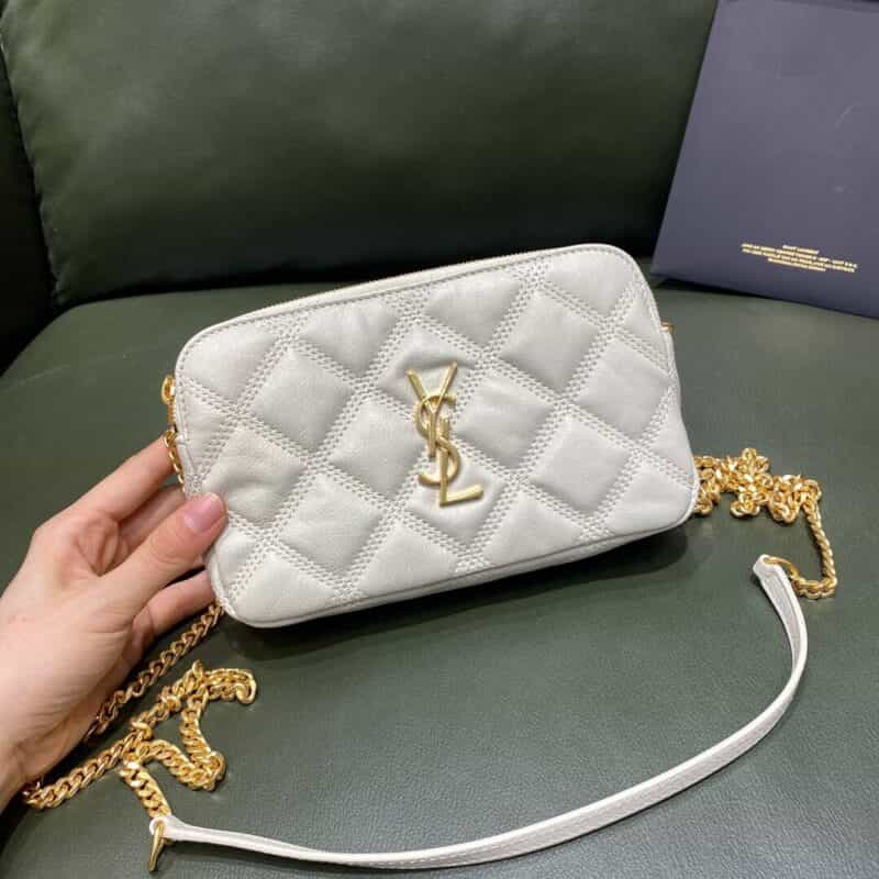 Saint laurent Ysl Becky菱形绗缝双拉链手拿包 608941白色羊皮