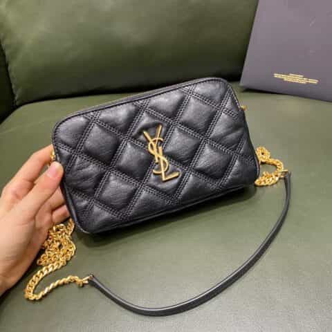 Saint laurent Ysl Becky菱形绗缝双拉链手拿包 608941黑色羊皮
