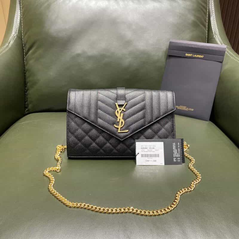 Saint laurent Ysl MONOGRAM鱼子酱V型菱格绗缝纹路信封包 620280黑色