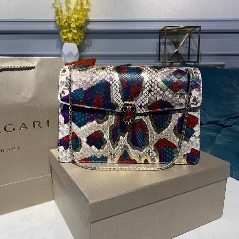 BVLGARI宝格丽白玛瑙炫彩“Lunar "蟒蛇皮内里黑色小羊皮单肩斜挎包38326