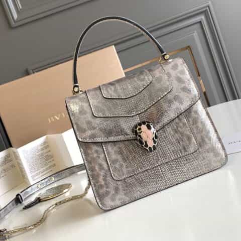 BVLGARI宝格丽"Sprpenti Forever "钻石粉晶金属质感水蛇皮手提包38329