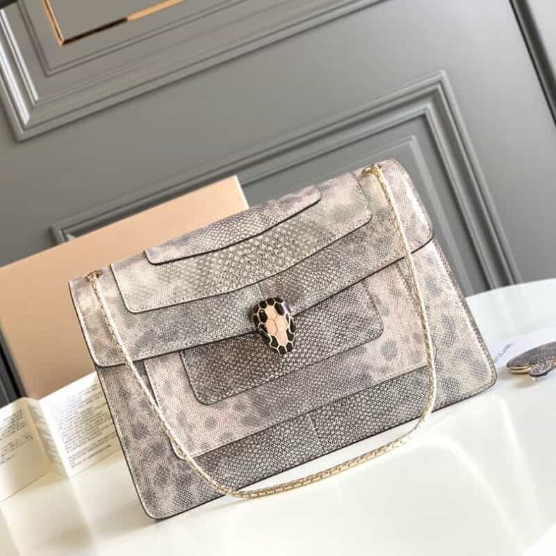 BVLGARI宝格丽"Sprpenti Forever "钻石粉晶金属质感水蛇皮肩背包38326