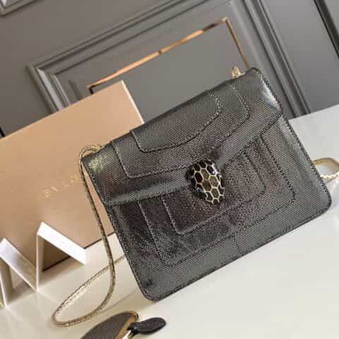 BVLGARI宝格丽"Sprpenti Forever "钻石炭灰金属质感水蛇皮肩背包61879