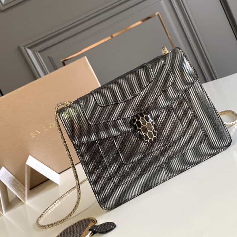 BVLGARI宝格丽"Sprpenti Forever "钻石炭灰金属质感水蛇皮肩背包61879