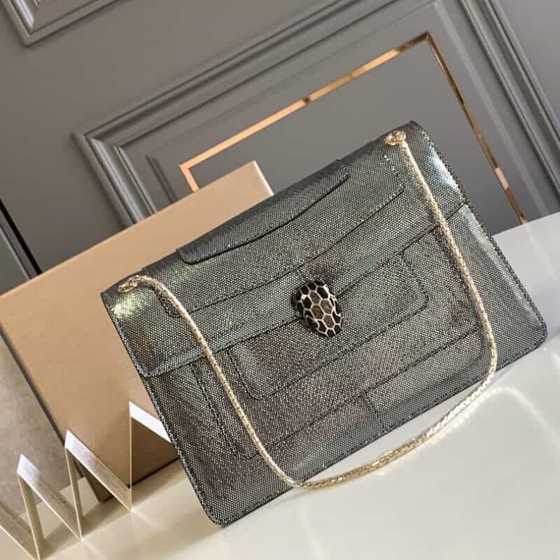 BVLGARI宝格丽"Sprpenti Forever "钻石炭灰金属质感水蛇皮肩背包38326