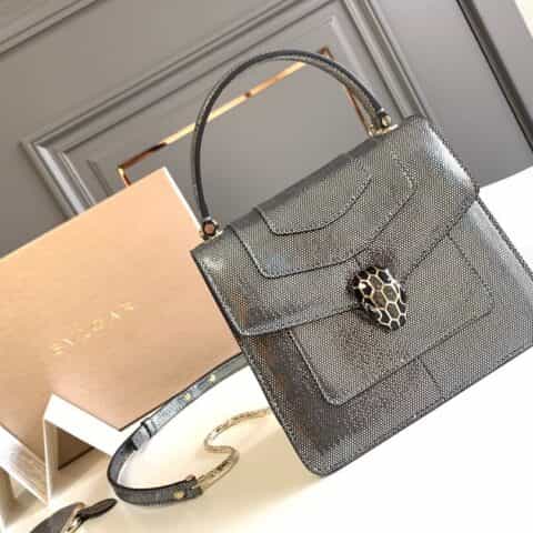 BVLGARI宝格丽"Sprpenti Forever "钻石炭灰金属质感水蛇皮手提包38329