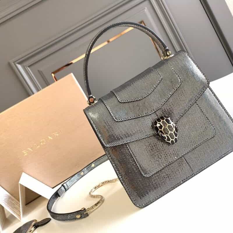 BVLGARI宝格丽"Sprpenti Forever "钻石炭灰金属质感水蛇皮手提包38329