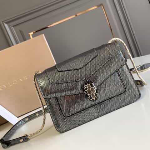 BVLGARI宝格丽"Sprpenti Forever "钻石炭灰金属质感水蛇皮肩背包289672