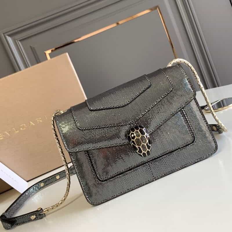 BVLGARI宝格丽"Sprpenti Forever "钻石炭灰金属质感水蛇皮肩背包289672
