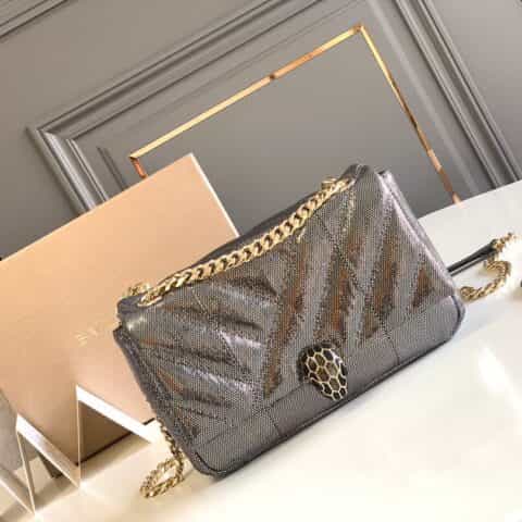 BVLGARI宝格丽"Sprpenti Forever "钻石炭灰金属质感水蛇皮肩背包287993