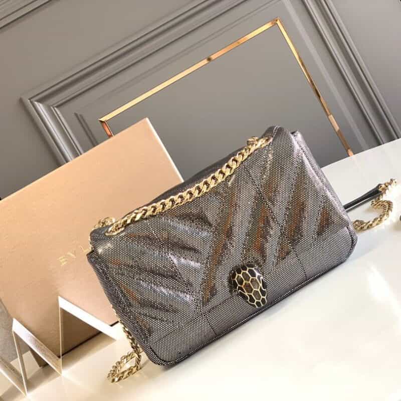 BVLGARI宝格丽"Sprpenti Forever "钻石炭灰金属质感水蛇皮肩背包287993