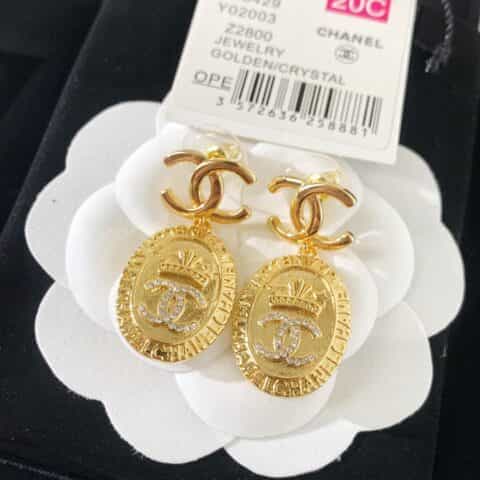 新款 CHANEL香奈儿金色双c皇冠耳钉耳环