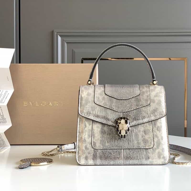 BVLGARI宝格丽"Sprpenti Forever "乳蛋白石色金属质感水蛇皮手提包38329